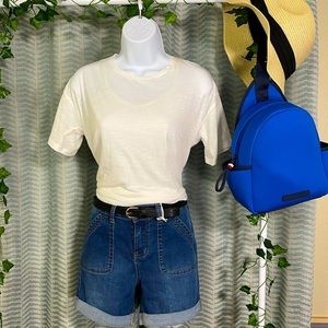 3 PC OUTFIT! Denim Jean Shorts - Belt - White Tee